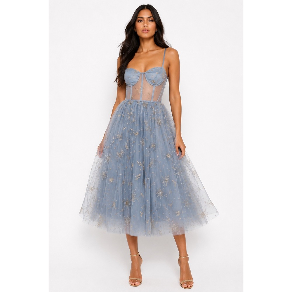 Lurelly‎ Elegant midi Blue Tulle Dress with Floral Embroidery US 6 fairy NWT
